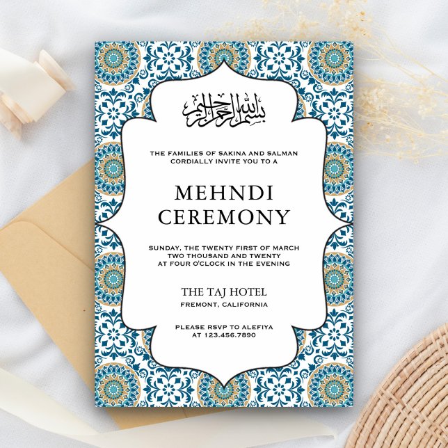 Elegant Blue Persian Mosaic Islamic Muslim Mehndi Enclosure Card (Creator Uploaded)