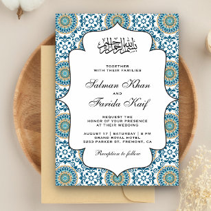 Elegant Blue Persian Mosaic Islamic Muslim Wedding Invitation