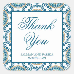 Elegant Blue Persian Mosaic Wedding Thank You Square Sticker