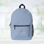 Elegant Blue Personalised Printed Backpack<br><div class="desc">Minimal and elegant light blue backpack. Personalise with your monogram initials in a chic dark blue script and your name in simple modern white typography.</div>