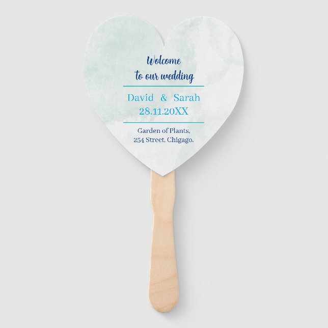 Elegant Blue Personalised Wedding Program Hand Fan (Front)