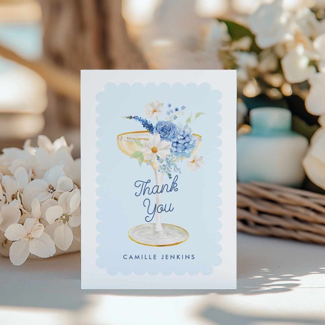 Elegant Blue Petals and Prosecco Thank You Card (Blue Petals and Prosecco Thank you card)