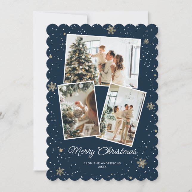 Elegant Blue Photo Collage Merry Christmas Card (Front)