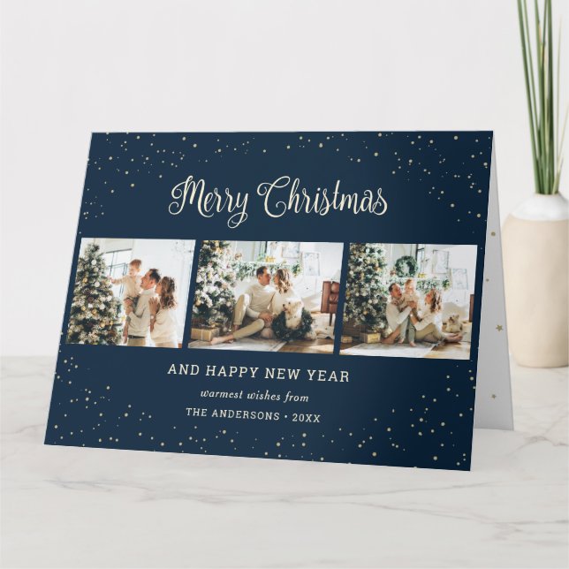 Elegant Blue Photo Collage Merry Christmas Cards (Front)
