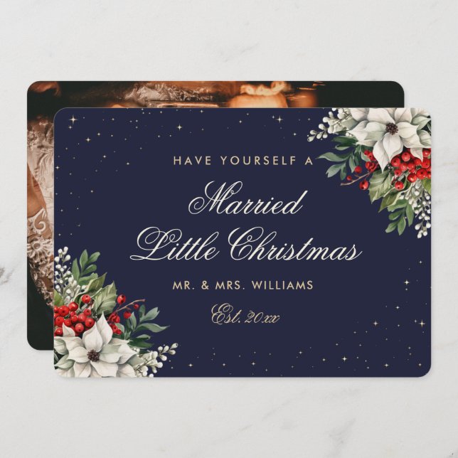 Elegant Blue Photo First Married Christmas Wedding Holiday Card (Front/Back)