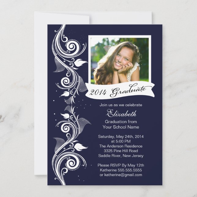 Elegant Blue Photo Graduation Party Invitation (Front)