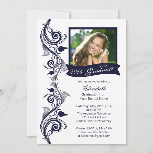 Elegant Blue Photo Graduation Party Invitation (Front)
