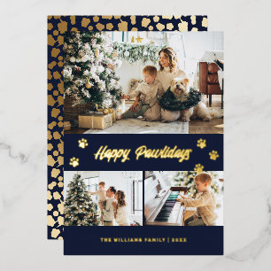 Elegant Blue Photo Happy Pawlidays Gold Foil Holiday Card