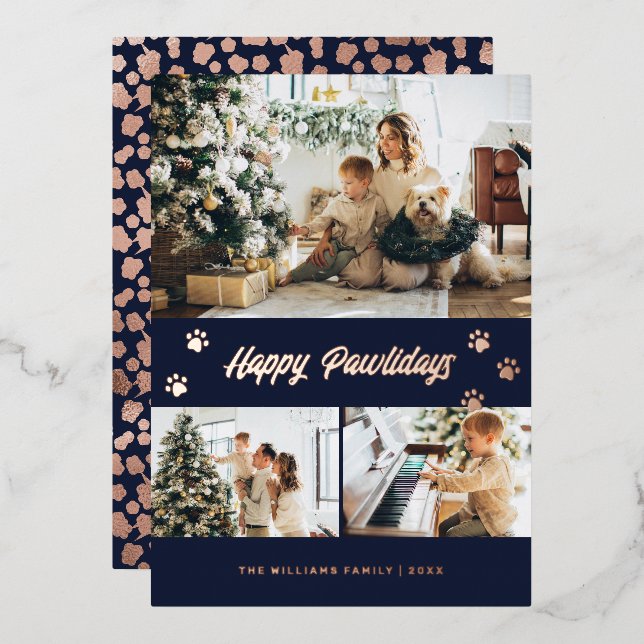 Elegant Blue Photo Happy Pawlidays Rose Gold Foil Holiday Card (Front/Back)