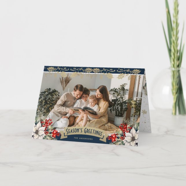 Elegant Blue Photo Holly Red Berries Poinsettia Card (Front)