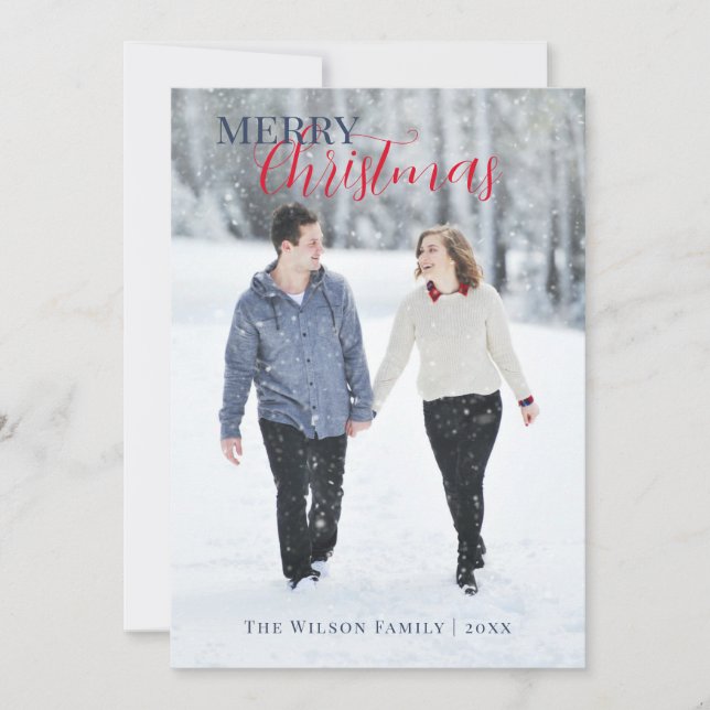 Elegant Blue Photo Merry Christmas Holiday Card (Front)