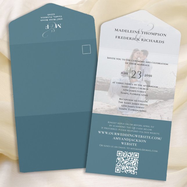 Elegant Blue Photo QR Code Wedding All In One Invitation (Creator Uploaded)