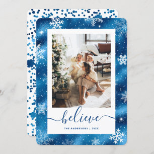 Elegant Blue Photo Snowflake Holiday Card