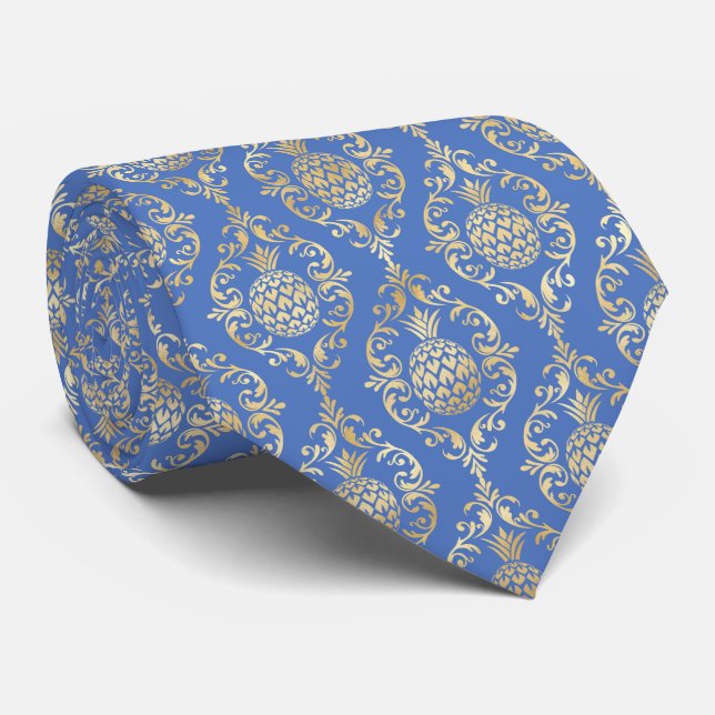 elegant blue pineapple damask tiled pattern  tie (Rolled)