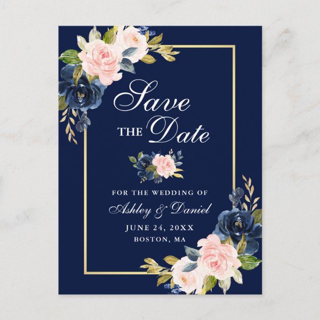 Elegant Blue Pink Blush Floral Gold Save the Date Announcement Postcard (Front)