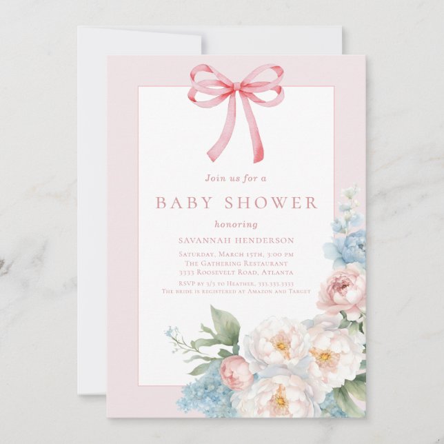 Elegant Blue Pink Bow Floral Baby Shower Invitation (Front)