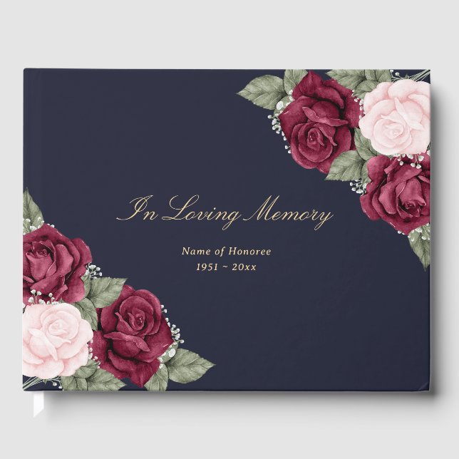 Elegant Blue Pink Burgundy Floral Funeral Guest Book (Front)