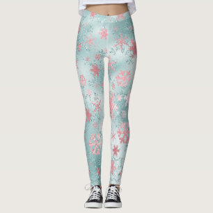 Elegant Blue Pink Christmas Snowflake Pattern Leggings