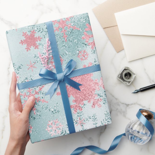 Elegant Blue Pink Christmas Snowflake Pattern Wrapping Paper (Gifting)