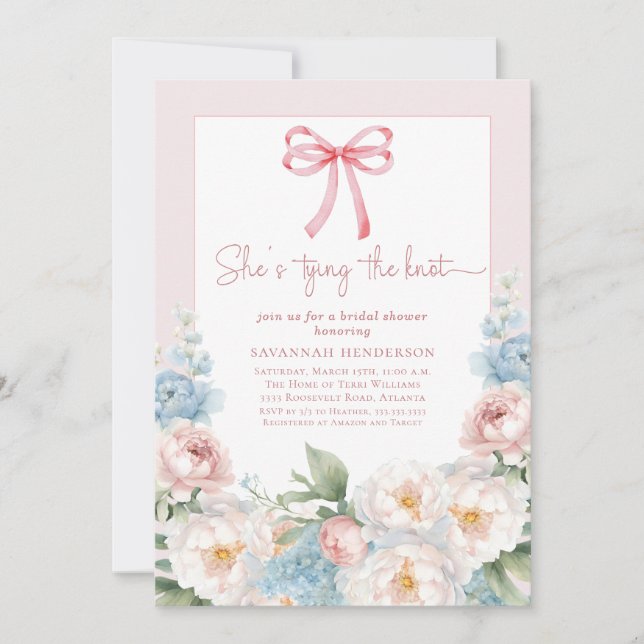 Elegant Blue Pink Floral Bow Bridal Shower Brunch Invitation (Front)