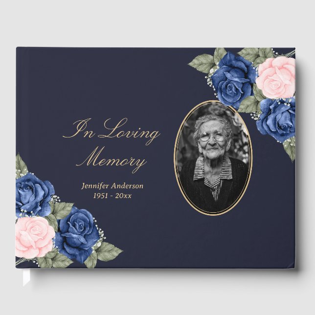 Elegant Blue Pink Floral Funeral Photo Guest Book (Front)