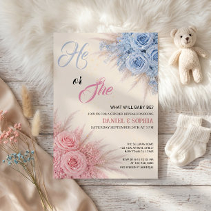 Elegant Blue Pink Floral Gender Reveal Party  Invitation