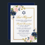 Elegant Blue Pink Floral Gold Frame Bat Mitzvah Invitation<br><div class="desc">Elegant Watercolor Blue Pink Floral Gold Frame Bat Mitzvah Invitation Card</div>