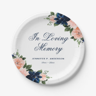 Elegant Blue Pink Floral Memorial Funeral Paper Plate
