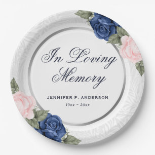 Elegant Blue Pink Floral Memorial Funeral Paper Plate