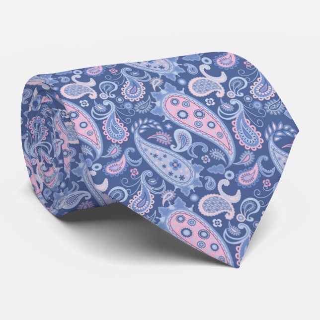 Elegant Blue & Pink Floral Paisley Tie (Rolled)