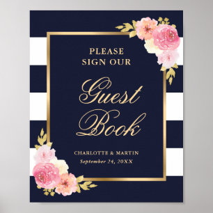 Elegant Blue Pink Floral Wedding Guest Book Sign