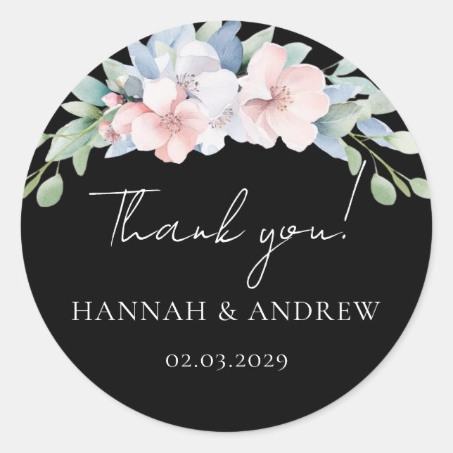 Elegant Blue Pink Flowers Wedding Classic Round Sticker (Front)