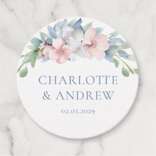 Elegant Blue Pink Flowers Wedding Favour Tags