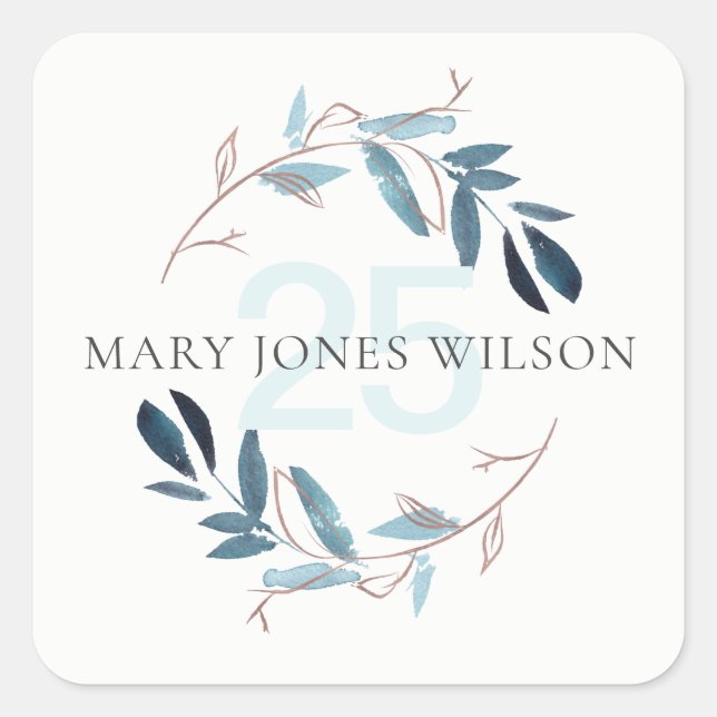 ELEGANT BLUE PINK FOLIAGE WREATH ANY AGE BIRTHDAY SQUARE STICKER (Front)