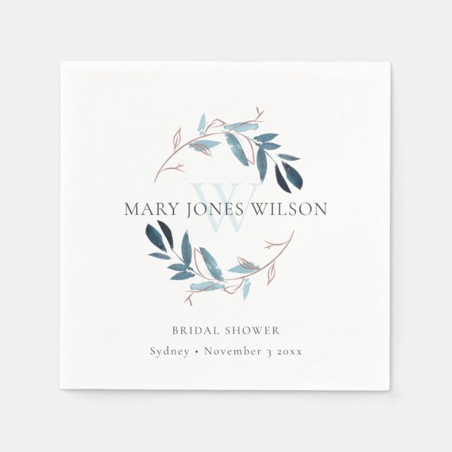 ELEGANT BLUE PINK FOLIAGE WREATH BRIDAL SHOWER NAPKIN (Front)