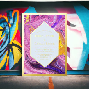 Elegant Blue Pink Galaxy Abstract Art Wedding Gold