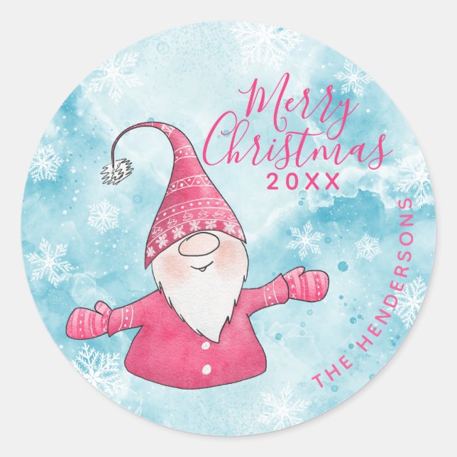 Elegant Blue Pink Gnome Custom Merry Christmas Classic Round Sticker (Front)