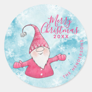 Elegant Blue Pink Gnome Custom Merry Christmas Classic Round Sticker