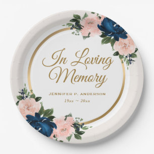 Elegant Blue Pink Gold Floral Memorial Funeral Paper Plate