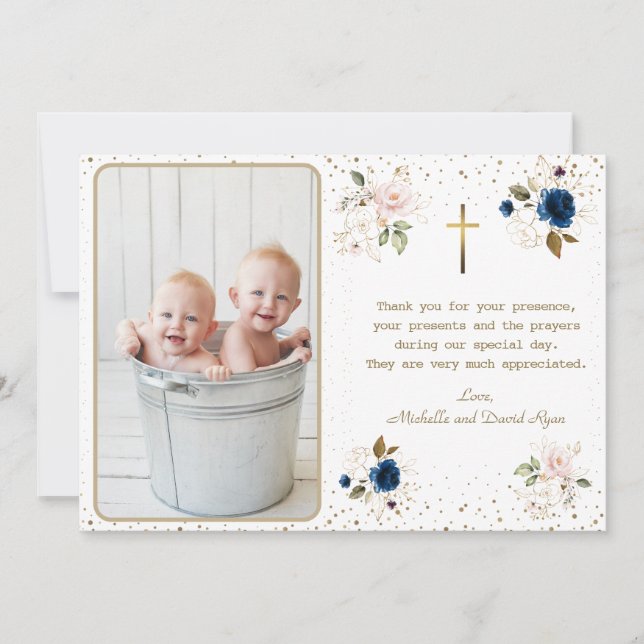 Elegant Blue Pink Gold Flowers Twins Photo Baptism Thank You Card (Front)