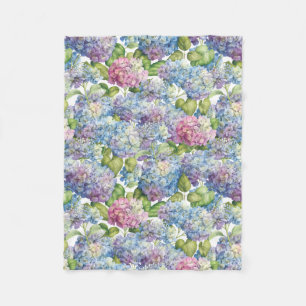 Elegant Blue Pink Hydrangeas in Bloom Floral Fleece Blanket