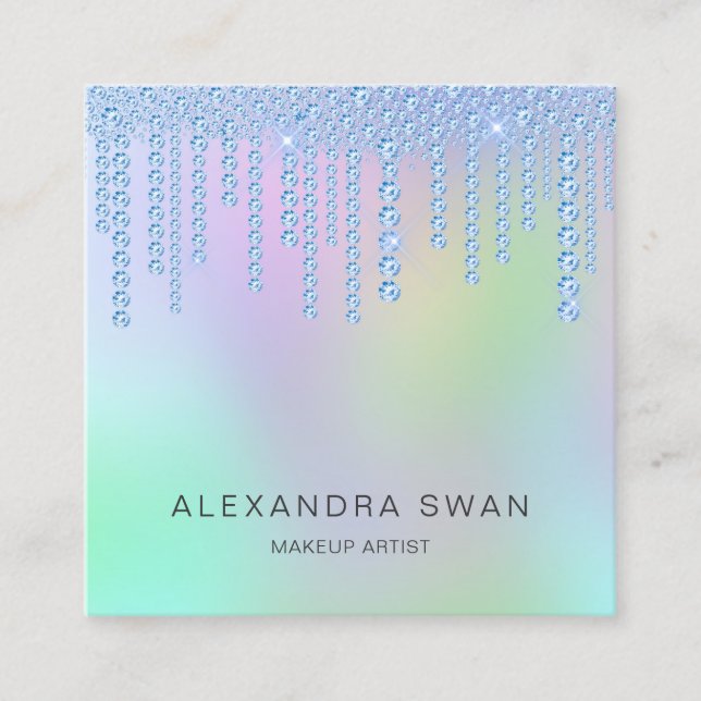Elegant blue pink & mint diamonds makeup artist square business card (Front)