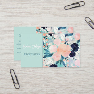 Elegant Blue Pink Mint Flowers Watercolor Floral Business Card