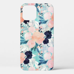 Elegant Blue Pink Mint Flowers Watercolor Floral iPhone 12 Case