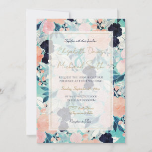 Elegant Blue Pink Mint Flowers Watercolor Floral Invitation