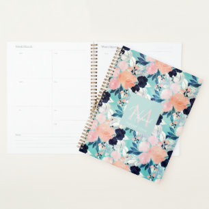 Elegant Blue Pink Mint Flowers Watercolor Floral Planner