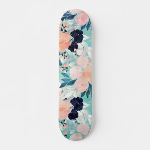 Elegant Blue Pink Mint Flowers Watercolor Floral Skateboard