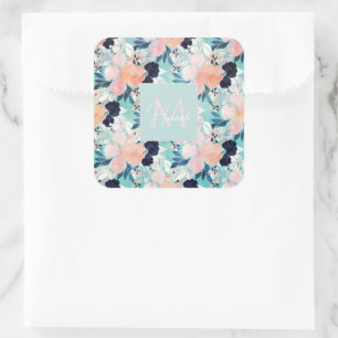 Elegant Blue Pink Mint Flowers Watercolor Floral Square Sticker