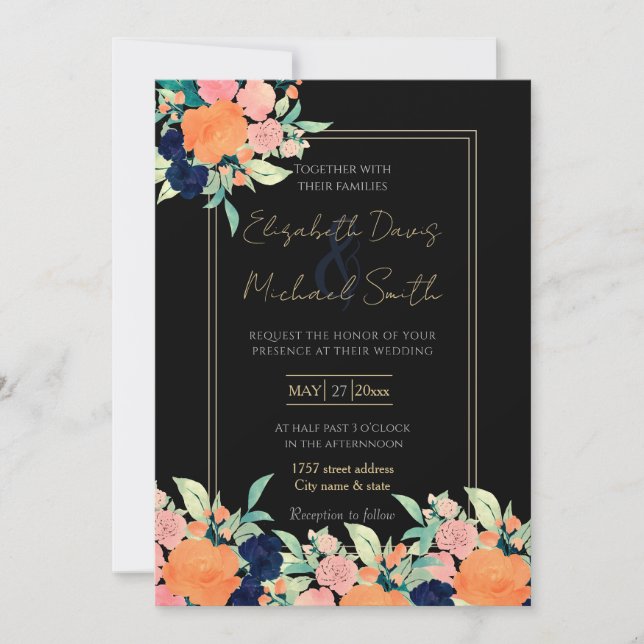 Elegant Blue Pink Orange Flowers Black Floral Invitation (Front)