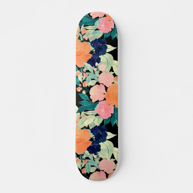 Elegant Blue Pink Orange Flowers Black Floral Skateboard (Front)